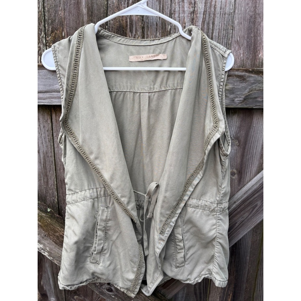 Max Jeans Womens Olive Green Tencel Utility Vest Crochet Trim Drawstring Medium